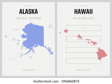 Vektor-Poster detaillierte Silhouetten-Karten der Bundesstaaten Amerika mit abstraktem linearem Muster, Division Pacific - Alaska, Hawaii - Set 17 von 17