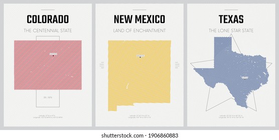 Vector posters detailed silhouettes maps of the states of America with abstract linear pattern, Division Mountain and West South Central - Colorado, New Mexico, Texas - set 13 of 17