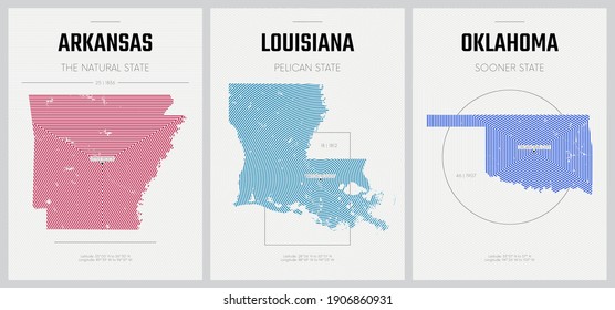 Vector posters detailed silhouettes maps of the states of America with abstract linear pattern, Division West South Central - Arkansas, Louisiana, Oklahoma - set 12 of 17