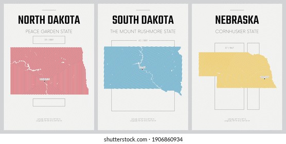 Vector posters detailed silhouettes maps of the states of America with abstract linear pattern, Division West North Central - North Dakota, South Dakota, Nebraska - set 7 of 17