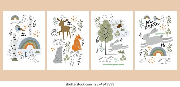 Vector posters with forest animals. Woodland decoration on a white background.