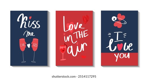 Vector posters of happy valentine day on white background. Cute posters with elements and hand lettering, template for websites, cards for shop, greeting cards.