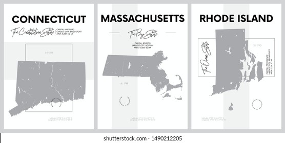 Vector posters with highly detailed silhouettes of maps of the states of America, Division New England - Connecticut, Massachusetts, Rhode Island - set 2 of 17