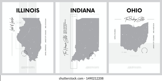 Vector posters with highly detailed silhouettes of maps of the states of America, Division East North Central - Illinois, Indiana, Ohio - set 4 of 17	