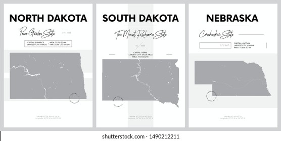 Vector posters with highly detailed silhouettes of maps of the states of America, Division West North Central - North Dakota, South Dakota, Nebraska - set 7 of 17