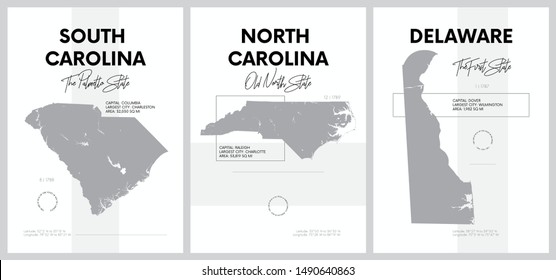 Vector posters with highly detailed silhouettes of maps of the states of America, Division South Atlantic - South Carolina, North Carolina, Delaware 