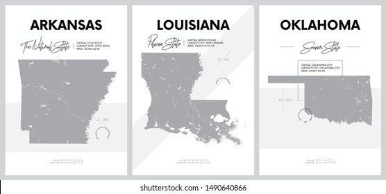 Vector posters with highly detailed silhouettes of maps of the states of America, Division West South Central - Arkansas, Louisiana, Oklahoma 