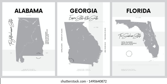 Vector posters with highly detailed silhouettes of maps of the states of America, Division South Atlantic and East South Central 