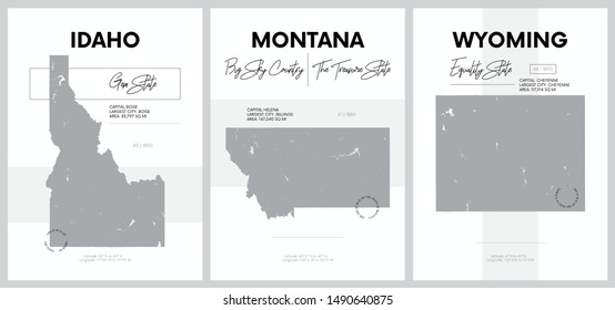 Vector posters with highly detailed silhouettes of maps of the states of America, Division Mountain - Idaho, Montana, Wyoming 