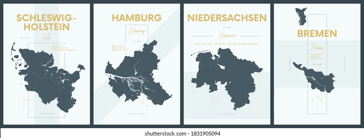 Vector posters with highly detailed silhouettes maps states of Germany - Schleswig-Holstein, Hamburg, Niedersachsen, Bremen - set 1 of 4