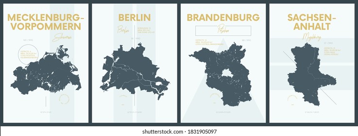 Vector posters with highly detailed silhouettes maps states of Germany - Mecklenburg-Vorpommern, Berlin, Brandenburg, Sachsen-Anhalt - set 2 of 4