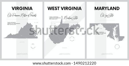 Vector posters with highly detailed silhouettes of maps of the states of America, Division South Atlantic - Virginia, West Virginia, Maryland - set 8 of 17