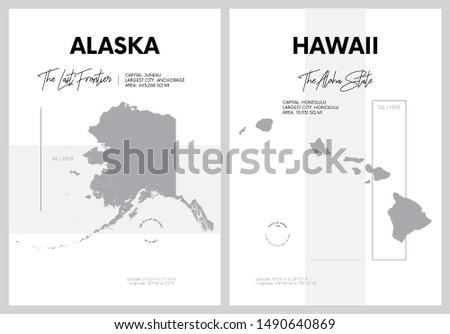 Vector posters with highly detailed silhouettes of maps of the states of America, Division Pacific - Alaska, Hawaii
