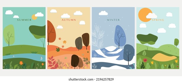 Vector posters. Illustrations of the four seasons are summer, autumn, winter, spring. Flat style. Banners for books, social networks, wallpapers, notebooks, pictures for decoration, educational books.