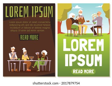 Vector posters inviting of old people play in card games. Happy elderly family, aged friends together spend leisure. Hobby, entertainment for pensioners at home or retirement center