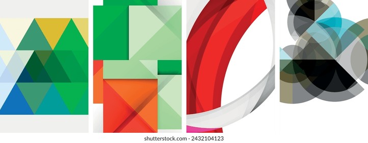 Vector posters - minimalist geometric abstract backgrounds, featuring circles, lines, and triangles in clean, modern design