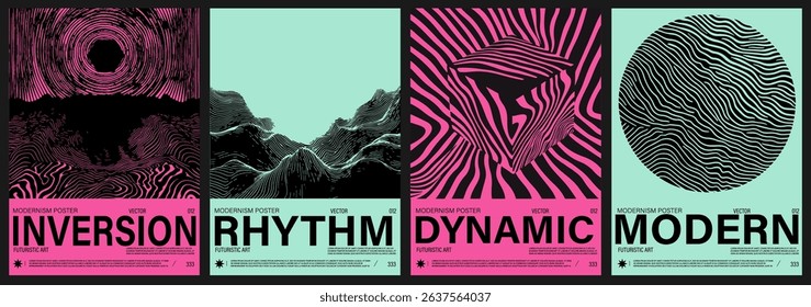 Vector posters in a modern Y2K pop art style, using bold pink, pastel teal, and black with hypnotic lines, waves, and optical illusions, reflecting current retro-futuristic trends in design.