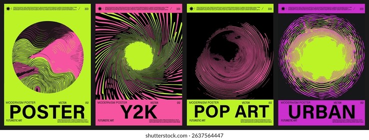Vector posters in a modern Y2K pop art style, using bold pink, lime, purple, and black with hypnotic lines, waves, and optical illusions, reflecting current retro-futuristic trends in design.