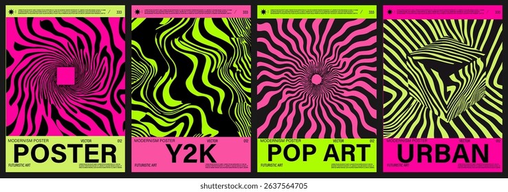 Vector posters in a modern Y2K pop art style, using bold pink, neon lime green, and black with hypnotic lines, waves, and optical illusions, reflecting current retro-futuristic trends in design.