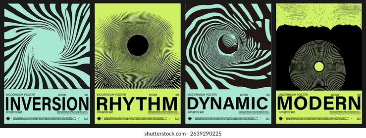 Vector posters in a modern Y2K pop art style, using bold cyan, lime, and black with hypnotic lines, waves, and optical illusions, reflecting current retro-futuristic trends in design.