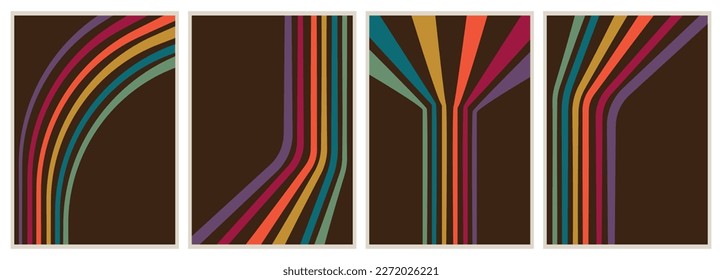 Vector posters. Multicolored stylish stripes on a brown background. Abstract style of the 70s. Suitable for home design, flyers, screensavers, posters or textile design.