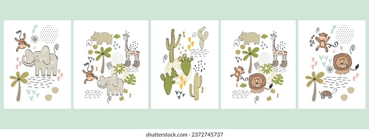 Vector posters with safari animals. Exotic decoration on a white background.