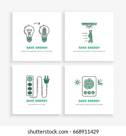 Vector posters save energy during everyday use of the home. Set of banners concept-saving energy consumption.