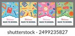 Vector posters set with cute school stationery. Welcome Back to school. Hand drawn school supplies. Design for flyers, advertisements, paper, cover, social media, cards