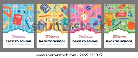 Vector posters set with cute school stationery. Welcome Back to school. Hand drawn school supplies. Design for flyers, advertisements, paper, cover, social media, cards