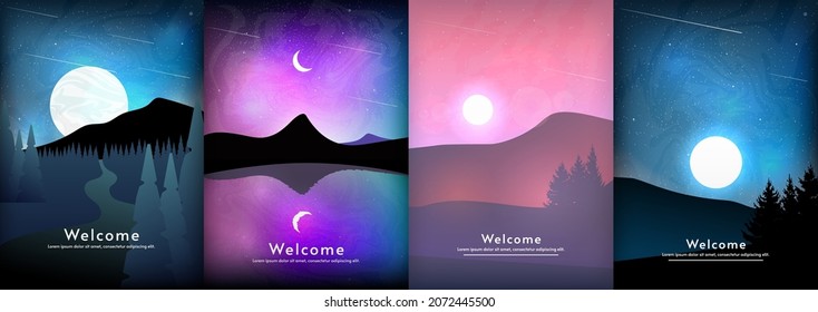 Vector posters set with night and morning  landscape illustration. Covers, posters, brochures, design. Flat illustration on light backdrop. Adventure concept. 