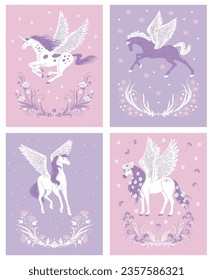 Vector posters set purple, white horses with wings. Floral ornament, flowers on lilac, pink background. Hand drawn fantastic horses, creature Pegasus, Unicorn. Cartoon dreaming fairy tale characters