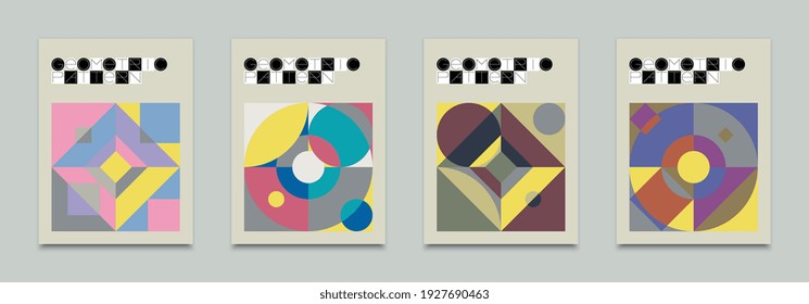 Afiches vectoriales con adorno suizo. Resumen del fondo del patrón Bauhaus con formas redondeadas, rectangulares y triangulares. Elementos geométricos básicos en mosaico retro multicolor
