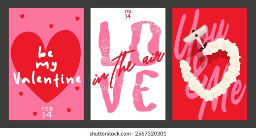 Vector posters for St. Valentine's Day in retro style. Set of Valentine's day greeting card. February 14 banner design concept. Vector posts on social networks, elements for print. Love you