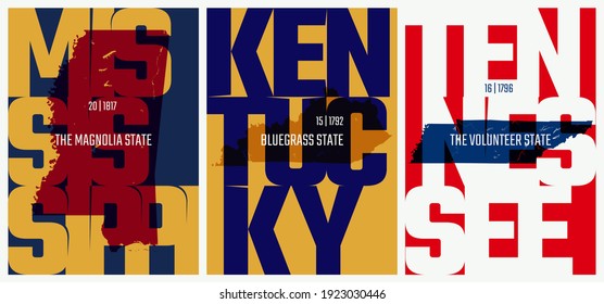 Vector posters states of the United States with a name, nickname, date admitted to the Union, Division East South Central - Mississippi, Kentucky, Tennessee - set 11 of 17