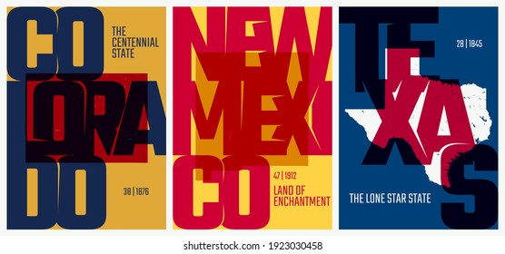 Vector posters states of the United States with a name, nickname, date admitted to the Union, Division Mountain and West South Central - Colorado, New Mexico, Texas - set 13 of 17