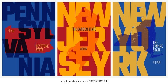 Vector posters states of the United States with a name, nickname, date admitted to the Union, Division Mid-Atlantic - Pennsylvania, New Jersey, New York - set 3 of 17