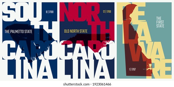 Vector posters states of the United States with a name, nickname, date admitted to the Union, Division South Atlantic - South Carolina, North Carolina, Delaware - set 9 of 17