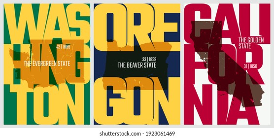 Vector posters states of the United States with a name, nickname, date admitted to the Union, Division Pacific - Washington, Oregon, California - set 16 of 17