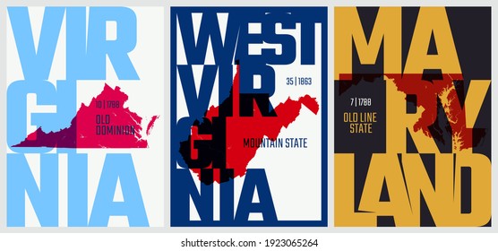 Vector posters states of the United States with a name, nickname, date admitted to the Union, Division South Atlantic, Virginia, West Virginia, Maryland, set 8 of 17