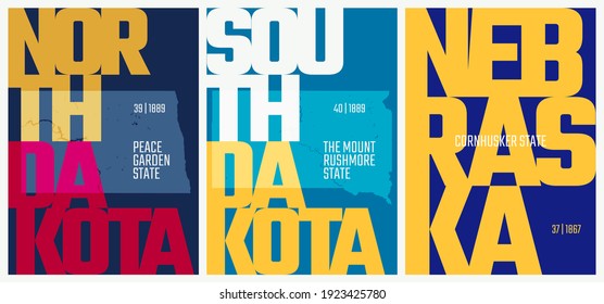 Vector posters states of the United States with a name, nickname, date admitted to the Union, Division West North Central, North Dakota, South Dakota, Nebraska, set 7 of 17