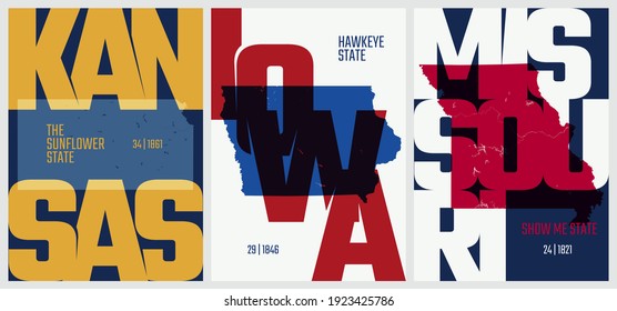 Vector posters states of the United States with a name, nickname, date admitted to the Union, Division West North Central, Kansas, Iowa, Missouri, set 6 of 17