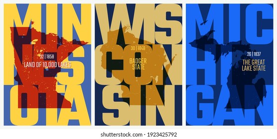 Vector posters states of the United States with a name, nickname, date admitted to the Union, The Great Lakes region, Minnesota, Wisconsin, Michigan, set 5 of 17