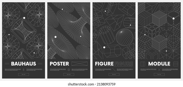 Сollection vector posters with strange wireframes of geometric shapes modern design inspired by brutalism, graphic vaporwave and retrofuturistic style set 5