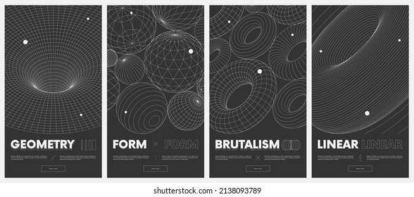 Сollection vector posters with strange wireframes of geometric shapes modern design inspired by brutalism, mesh texture tunnel or wormhole, 3d spheres and torus set 2
