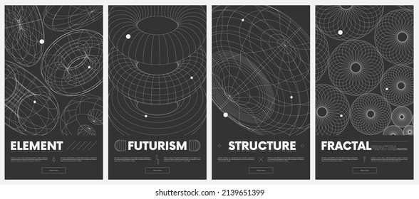 Сollection vector posters with strange wireframes of geometric shapes modern design inspired by brutalism, 3d structure physical figures set 4