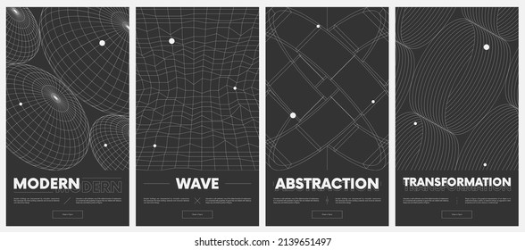 Сollection vector posters with strange wireframes of geometric shapes modern design inspired by brutalism, abstract 3d spheres and grids set 1