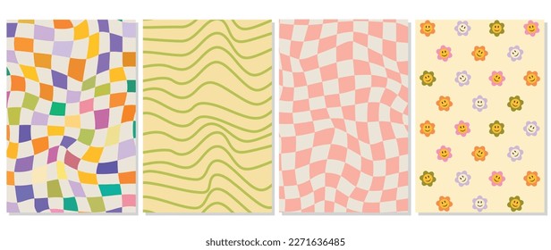 Afiches vectoriales. En el estilo de los años 70 y 2000. Ilustración con flores, olas y tablero de ajedrez. Perfecto para la decoración del hogar, textiles, cubiertas, tarjetas y salvapantallas.