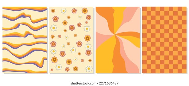 Vector posters. In the style of the 70s and y2k. Illustration with flowers, waves and chess board. Perfect for home decor, textiles, covers, cards and screensavers.