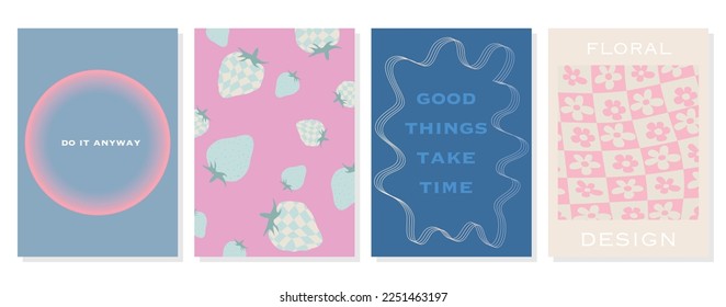 Vector posters in the style of y2k. Illustrations with geometric shapes and liquid holographic gradient. The poster is suitable for wall art or social media cover, wallpaper design.