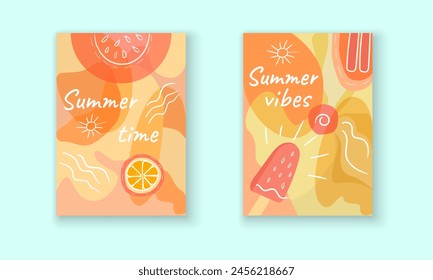 Vector posters Summer time and Summer vibes collection of summer illustrations. Bright tropical layouts with citrus fruits and ice cream in an abstract style. Banners, posters, postcards, flyers, temp